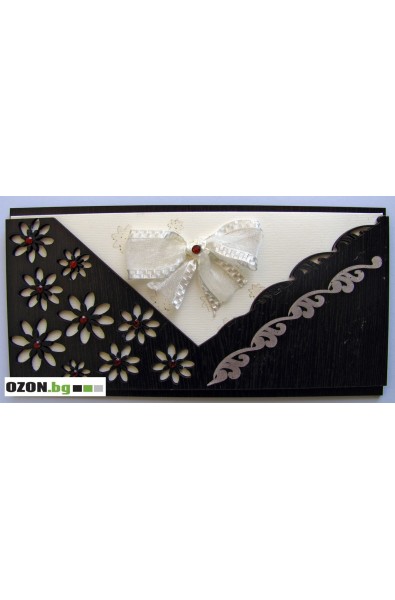 Луксозна дървена картичка с бяла панделка
