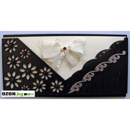 Луксозна дървена картичка с бяла панделка